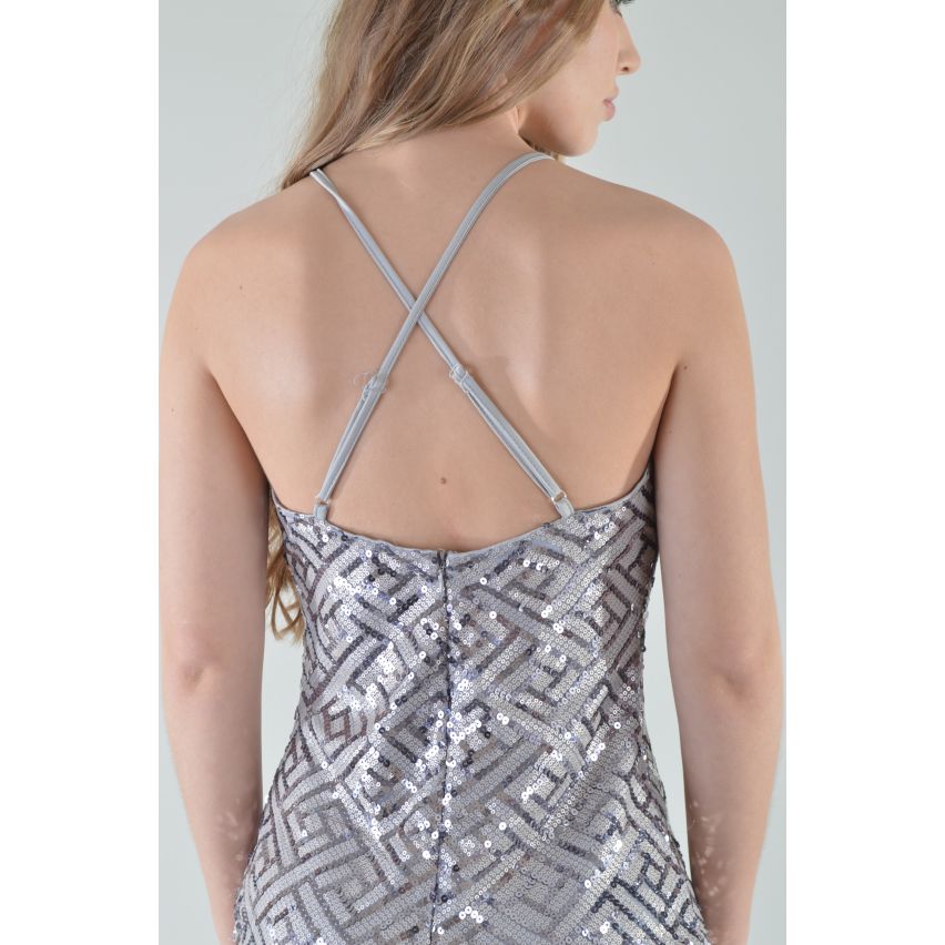 Lovemystyle geometriska Silver paljett Cross Strap miniklänning
