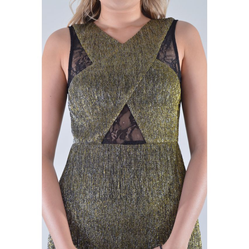 Lovemystyle metálico verde Maxi vestido con paneles de encaje negro