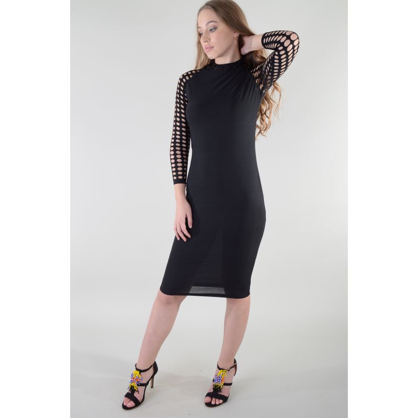 Lovemystyle Black Bodycon Midi Dress With Netted Sleeves - SAMPLE