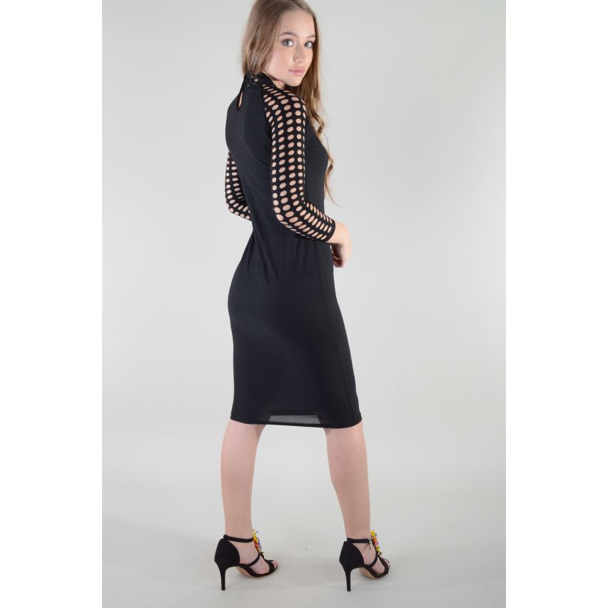 Lovemystyle Black Bodycon Midi Dress With Netted Sleeves - SAMPLE