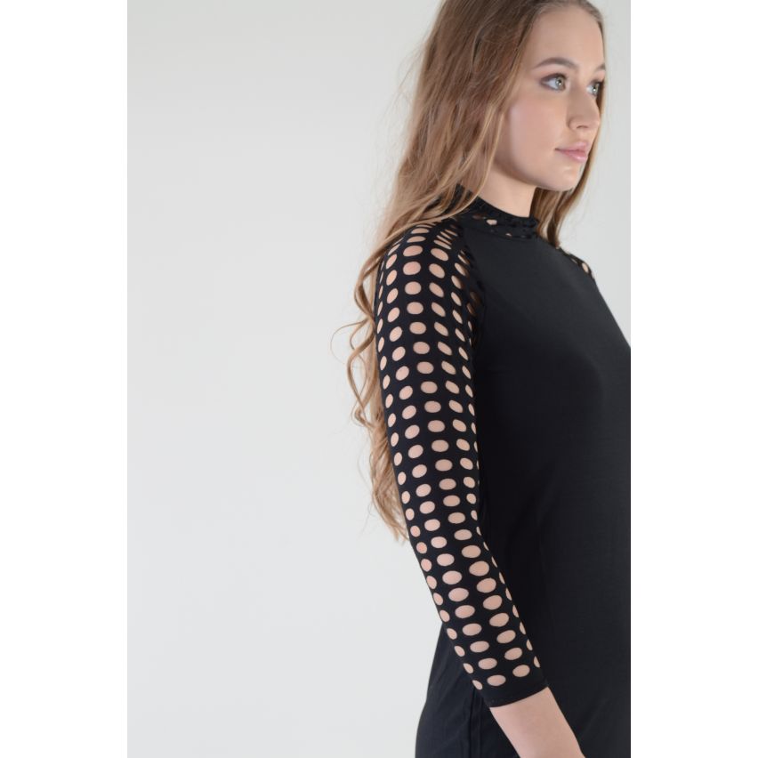 Lovemystyle Black Bodycon Midi Dress With Netted Sleeves - SAMPLE
