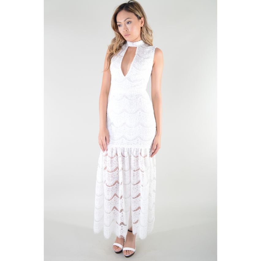 Lovemystyle White Crochet Maxi Dress With Choker Collar - SAMPLE