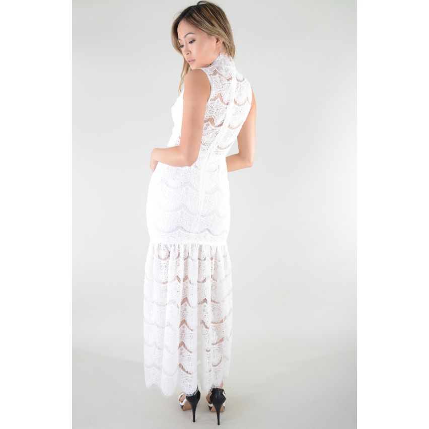 Lovemystyle White Crochet Maxi Dress With Choker Collar - SAMPLE