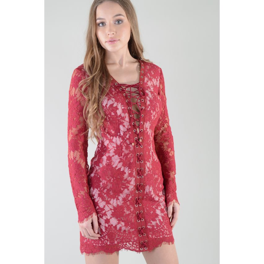 Lovemystyle Red Lace Long Sleeve Dress With Lace Up Front - SAMPLE