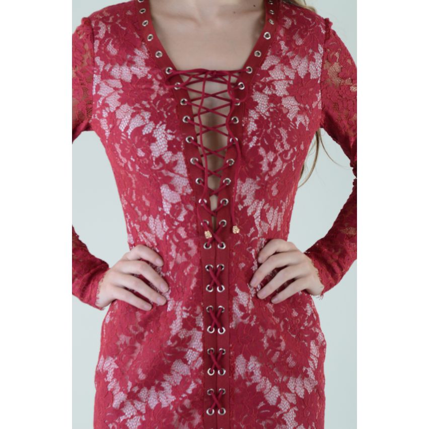 Lovemystyle Red Lace Long Sleeve Dress With Lace Up Front - SAMPLE