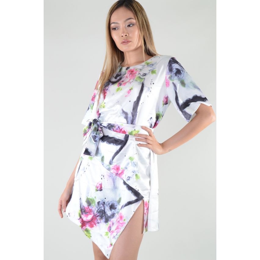 Lovemystyle Floral Patterned Dress With Tie Waist In White - SAMPLE