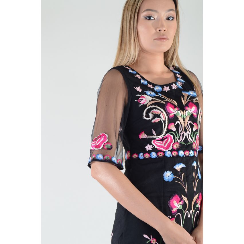 Lovemystyle Black Embroidered Dress With Sleeves - SAMPLE