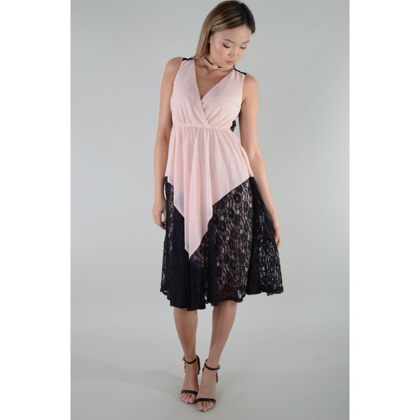 LMS zwarte kant en roze Chiffon Open rug Midi-jurk