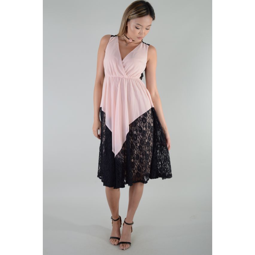 LMS nero pizzo e Chiffon rosa abito di Midi posteriore aperto