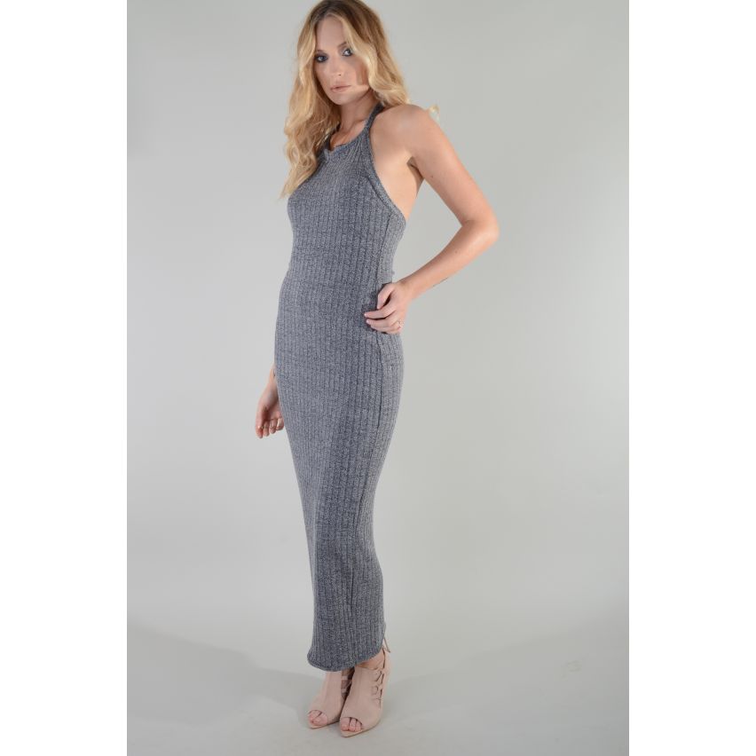 Lovemystyle gris cuello halter vestido Maxi de punto