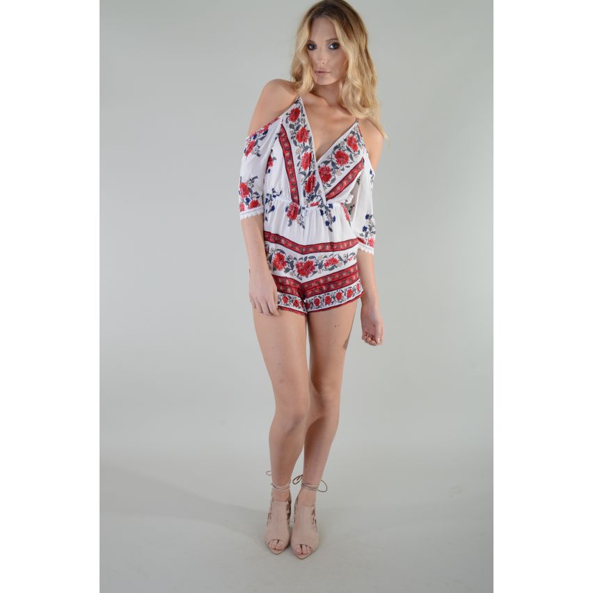 Lovemystyle witte bloemen koude schouder V-Neck boxpakje