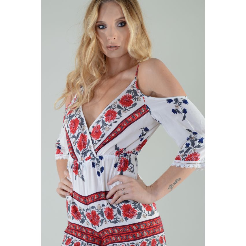 Lovemystyle witte bloemen koude schouder V-Neck boxpakje