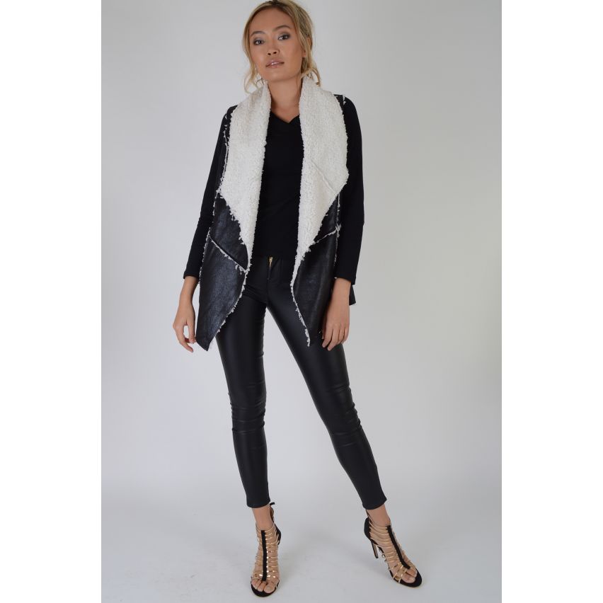 Lovemystyle Black Sleeveless Shearling Gilet With Drape Neckline - SAMPLE