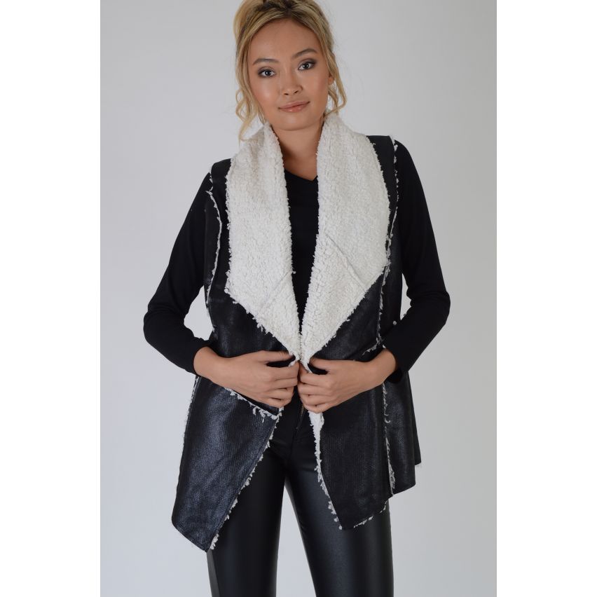 Lovemystyle Black Sleeveless Shearling Gilet With Drape Neckline - SAMPLE
