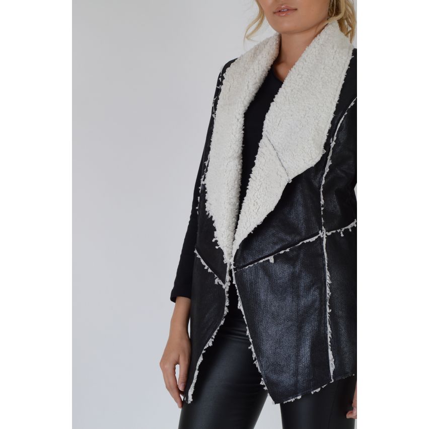 Lovemystyle Black Sleeveless Shearling Gilet With Drape Neckline - SAMPLE