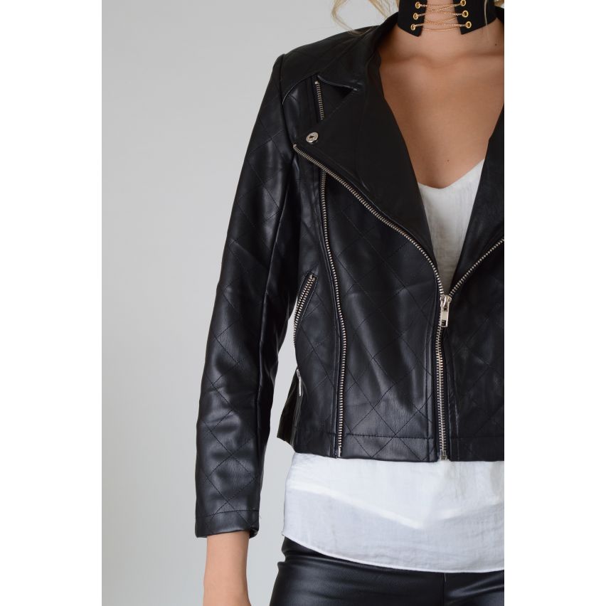 Chaqueta de motorista de cuero del Faux de Lovemystyle negro con cremalleras oro - muestra