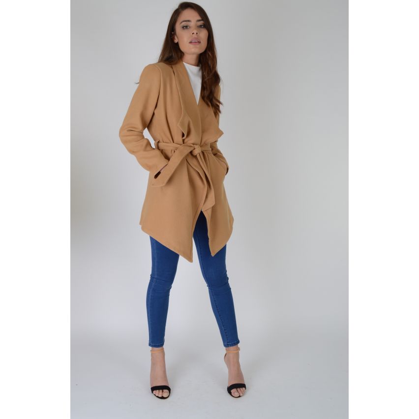 Lovemystyle Camel Waterfall Jacket With Tie Waist - SAMPLE