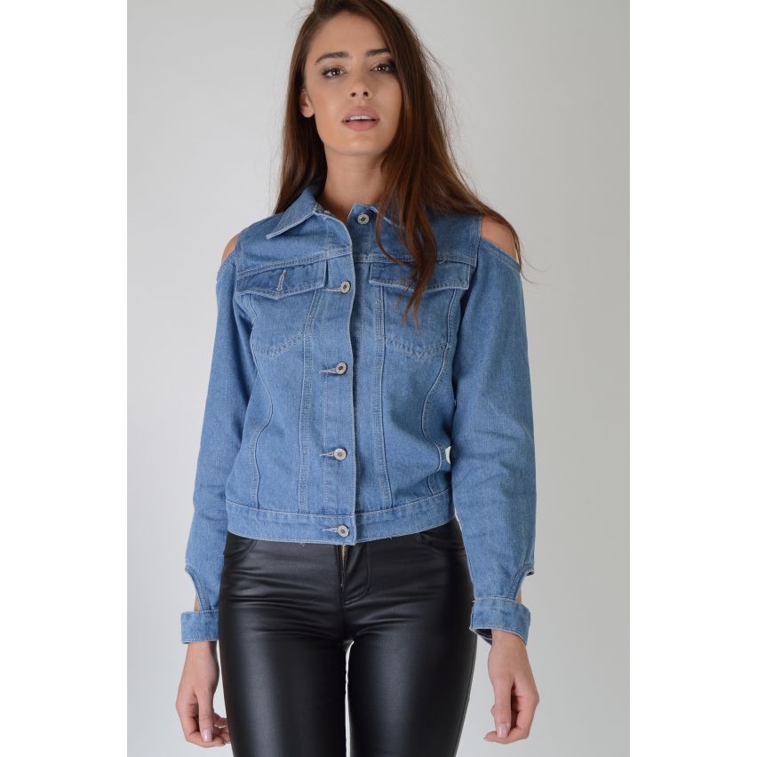 Lovemystyle blaue Jeansjacke mit kalte Schulter und Handgelenk Detail - Probe