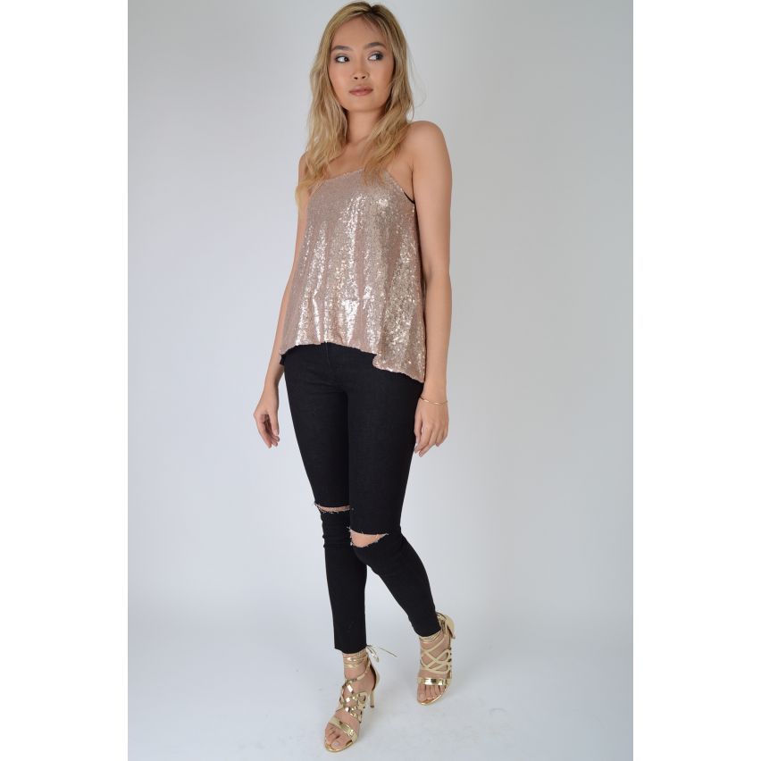Lovemystyle rosa lentejuelas oro Cami chaleco Top con tirantes delgados