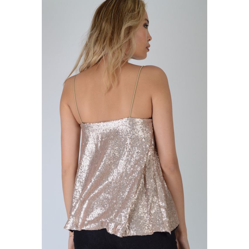 Lovemystyle rosa lentejuelas oro Cami chaleco Top con tirantes delgados