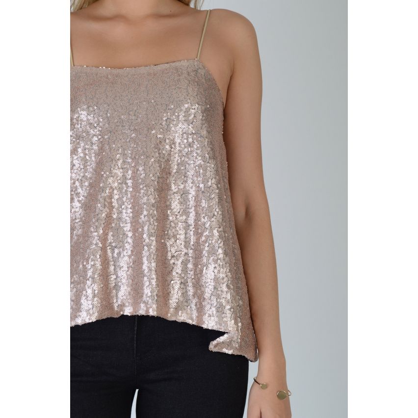 Lovemystyle rosa lentejuelas oro Cami chaleco Top con tirantes delgados