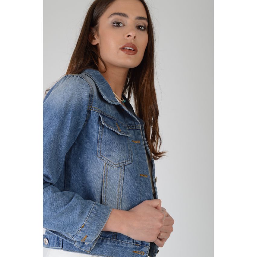 Lovemystyle Licht Acid Wash beschnitten Jeansjacke