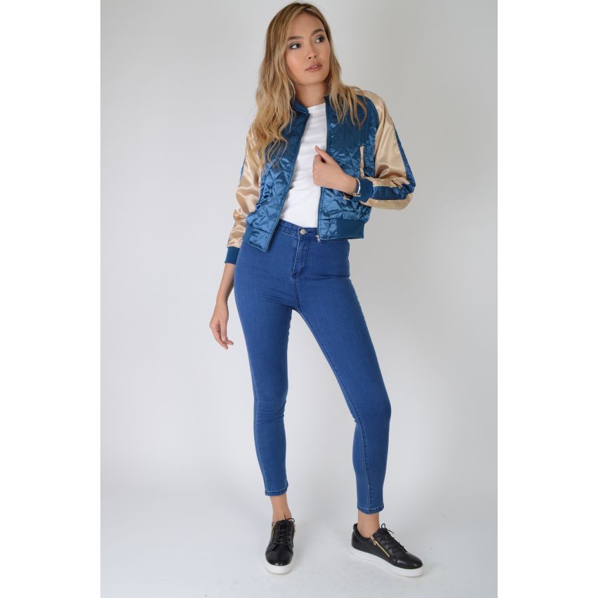 Lovemystyle blu trapuntato Bomber in raso con maniche rosa