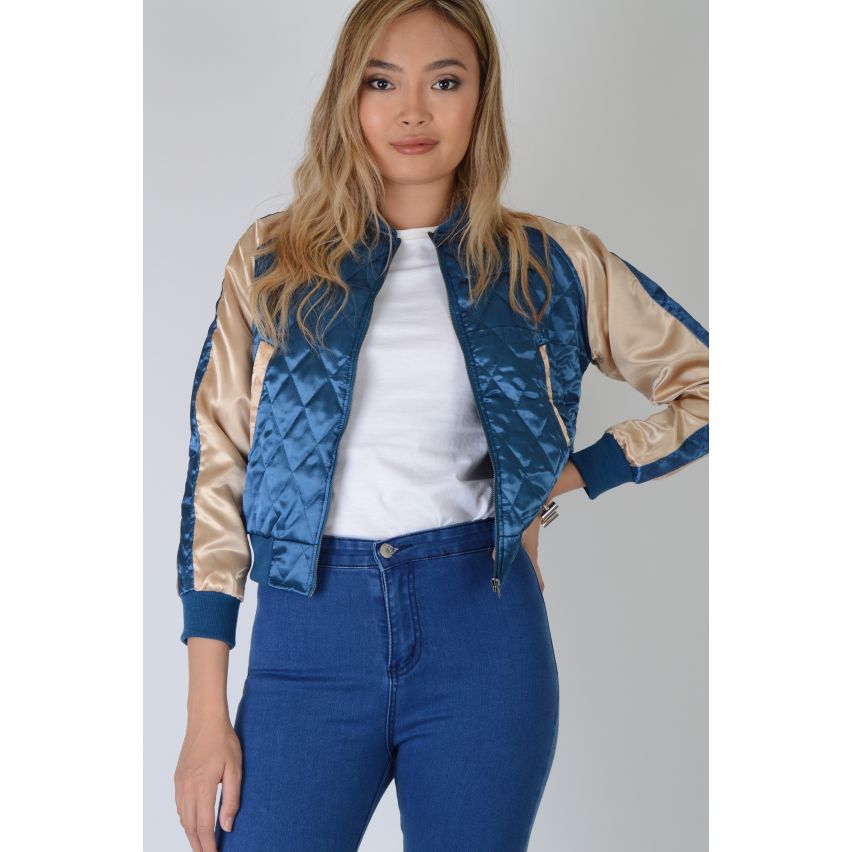 Lovemystyle Blue Quilted Satin Bomber With Pink Sleeves - SAMPLE