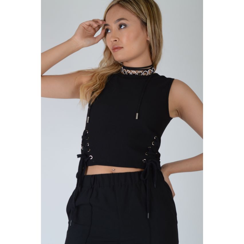 Lovemystyle Sleeveless Crop Top With Lace Up Sides In Black