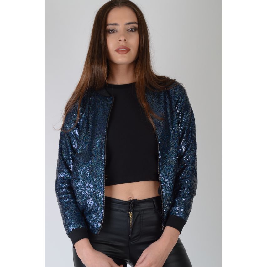 Lovemystyle All Over Sequin Navy Blue Bomber Jacket