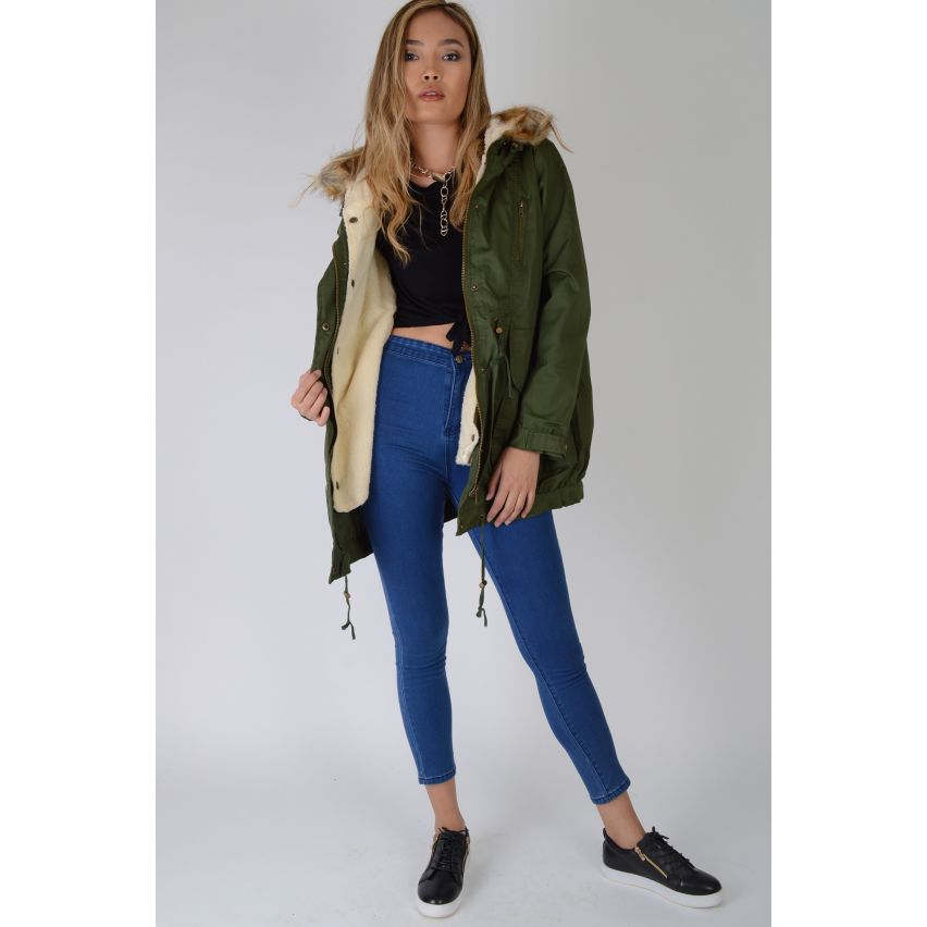 LMS Khaki Green Parka Coat With Faux Fur Trim Hood - SAMPLE