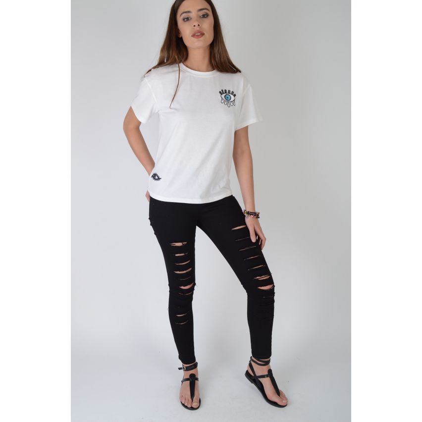 Camiseta Lovemystyle blanca con adorno de lentejuelas globo ocular - muestra