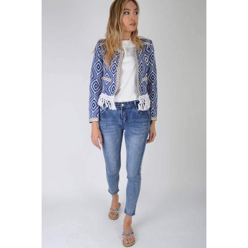 Lovemystyle Blue And White Aztec Print Jacket With Tasselled Hem