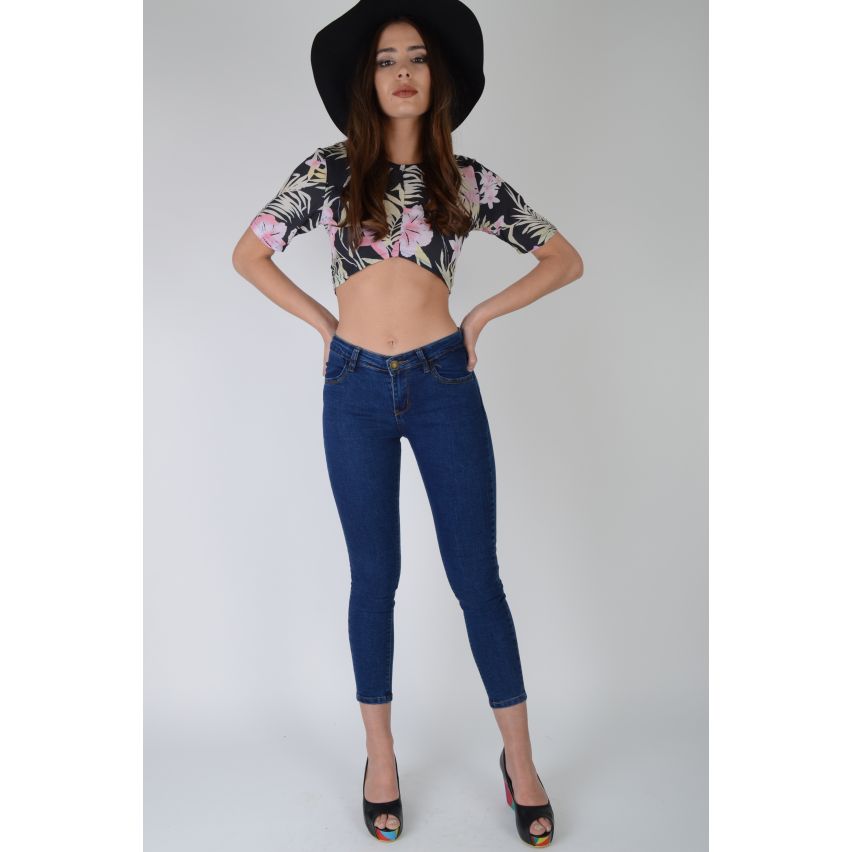 Lovemystyle Tropical imprimé T-Shirt Crop Top avec Zip arrière