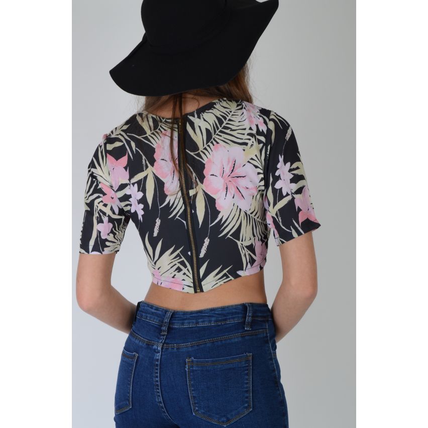 Lovemystyle tropische afgedrukt T-Shirt Crop Top met terug Zip