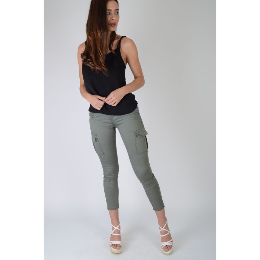 Lovemystyle Skinny Khaki Green Jeans With Large Side Pockets - SAMPLE