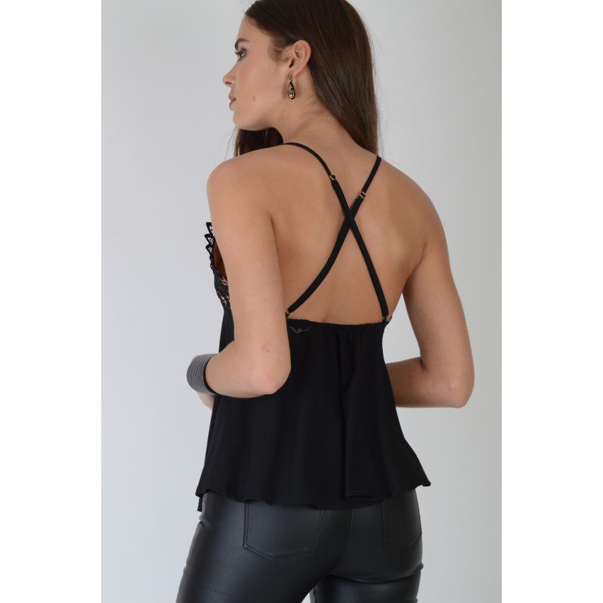 Lovemystyle zwarte Cami Vest Top met kant buste en Cross Back
