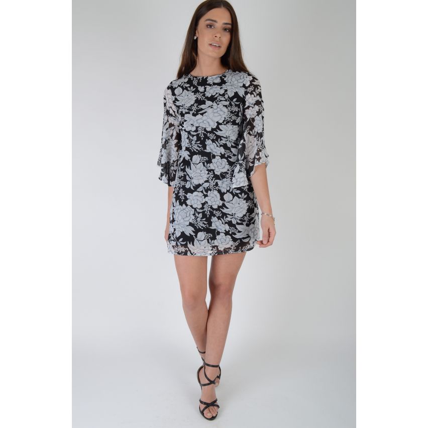 Lovemystyle Black Floral Shift Dress Featuring Flared Sleeves - SAMPLE