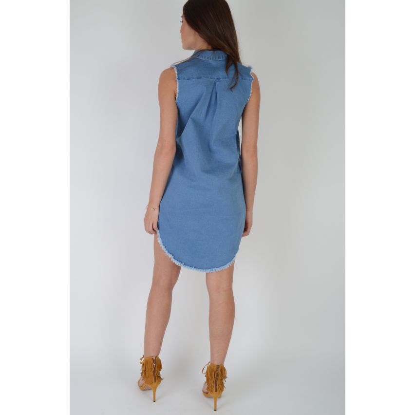 Lovemystyle Denim knappen upp klänning med Fray dopp fåll