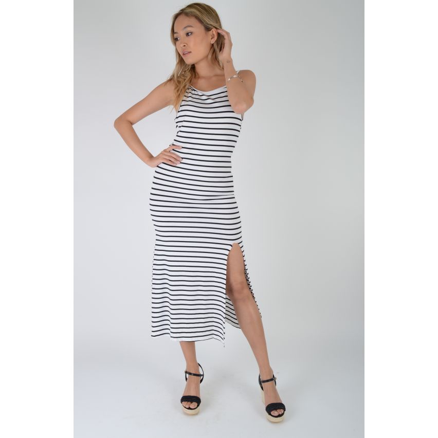 Lovemystyle White And Blue Striped Maxi Dress With Side Split - SAMPLE