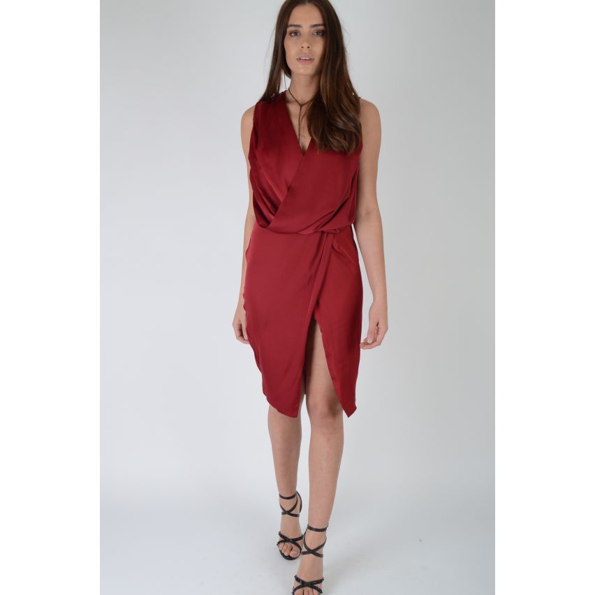 Lovemystyle Red Plunge Cowl Neck Midi Dress With Side Split - SAMPLE