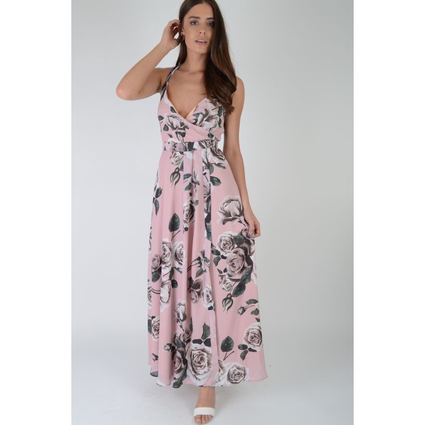 LMS Pastel Pink Rose Maxi Dress With Skirt Pleats And Cage Back - SAMPLE