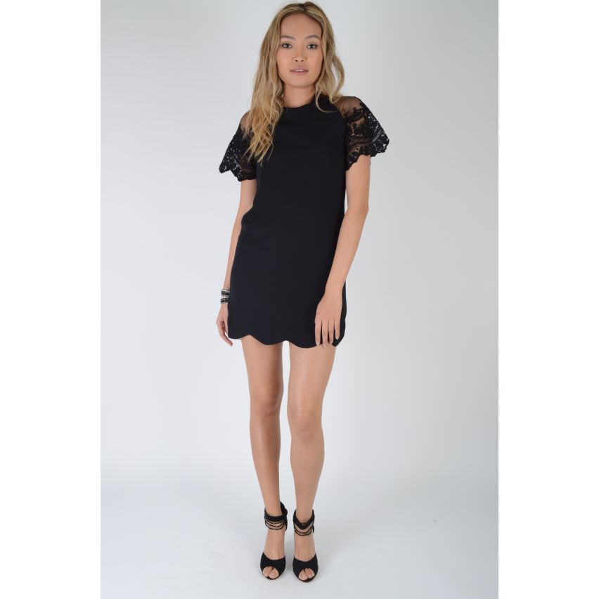 Lovemystyle Black Shift Dress With Lace Chest And Waved Hem - SAMPLE