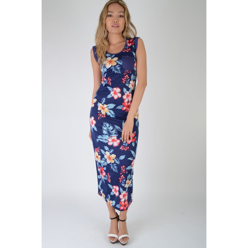 Lovemystyle Navy Blue Floral Bodycon Maxi Dress - SAMPLE