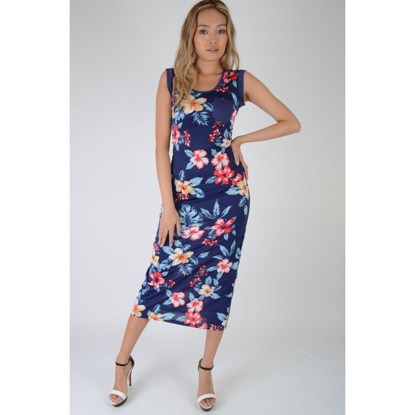 Lovemystyle marine blauwe bloemen Bodycon Maxi jurk