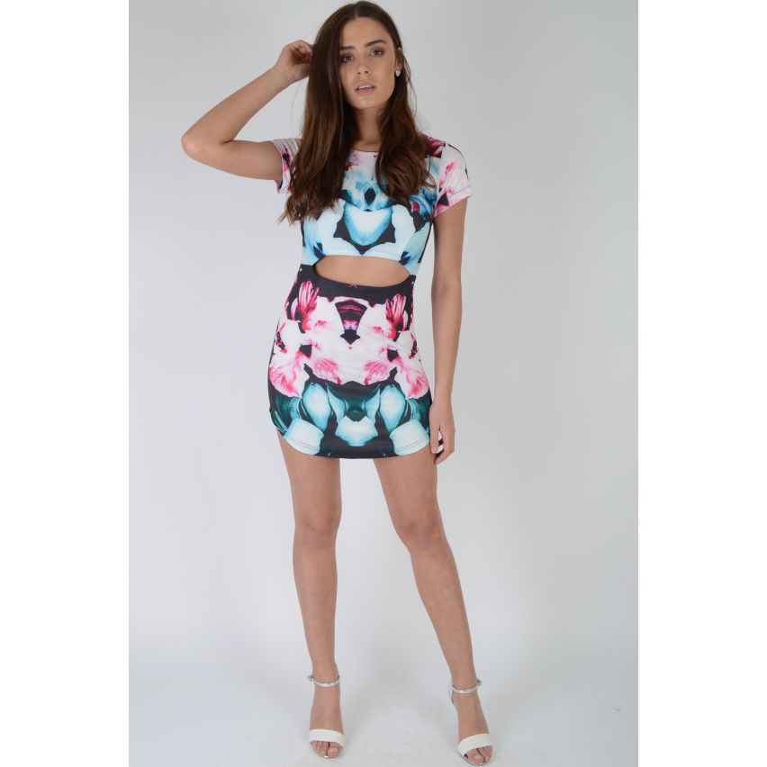 Lovemystyle Floral Scuba Dress With Curved Hem And Slit Waist