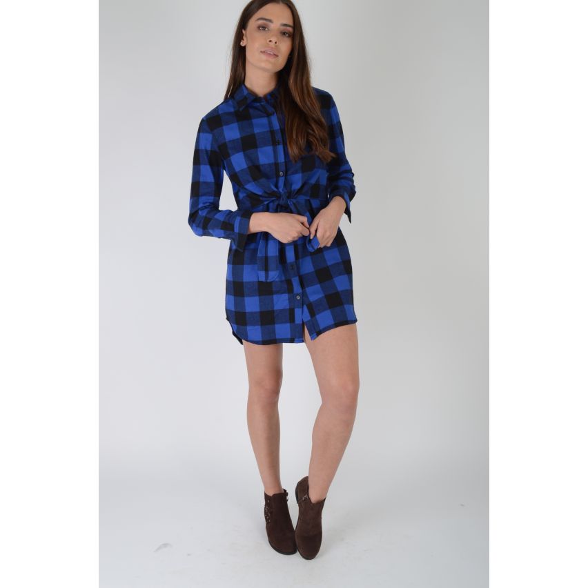 Lovemystyle Blue And Black Checked Shirt Dress With Tie Waist