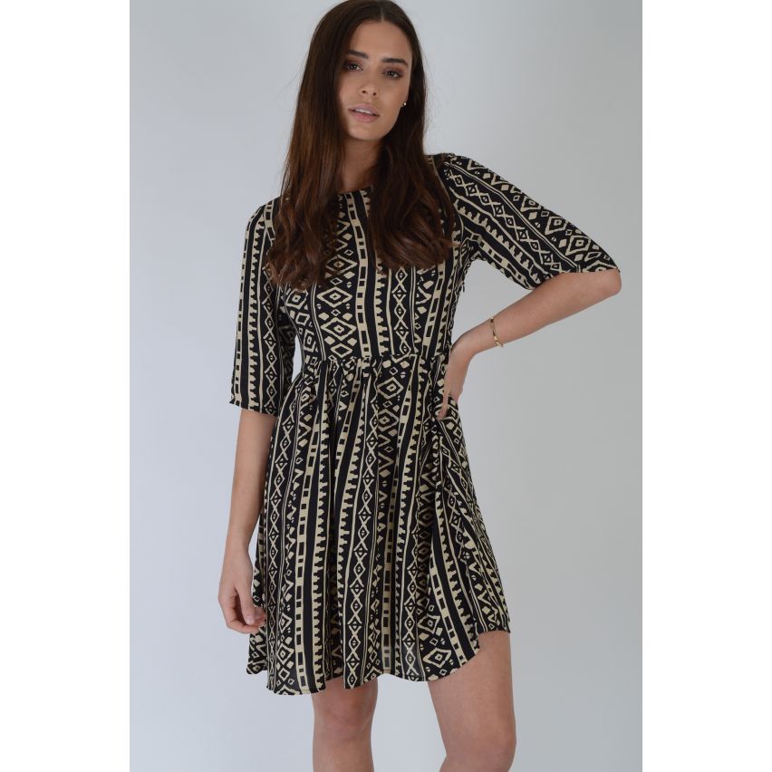 Lovemystyle Skater Dress In Black With Cream Aztec Print - SAMPLE