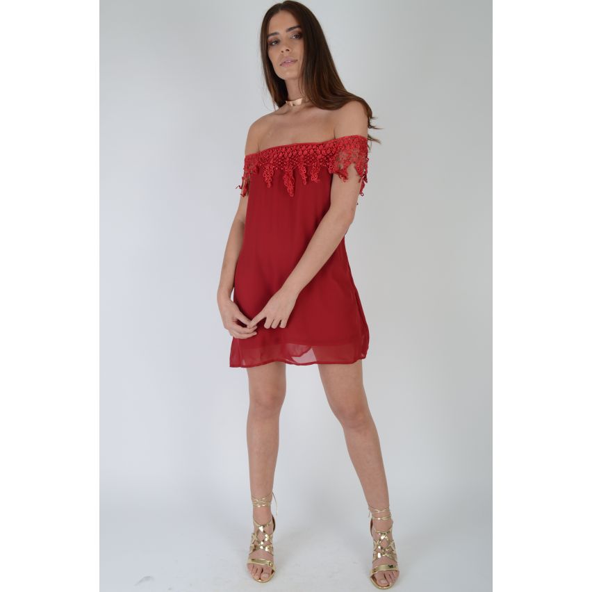 Lovemystyle Carmen-Ausschnitt rot Chiffon kurzen Kleid mit Spitze