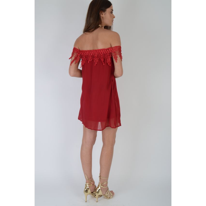 Lovemystyle de l’épaule robe courte en mousseline de soie rouge avec dentelle